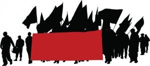 A drawing of marchers in silhouette, carrying a large red banner