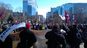 Members of CUPE 3903 and 3902 and their allies rally at Queen's Park.  