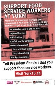 A poster saying "support food service workers at York"