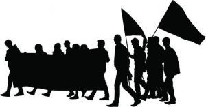 Silhouettes march with banners and flags. 