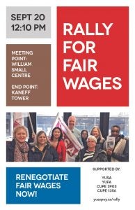 A poster for the Rally for Fair Wages, showing several union members holding flags, as well as the rally information. 