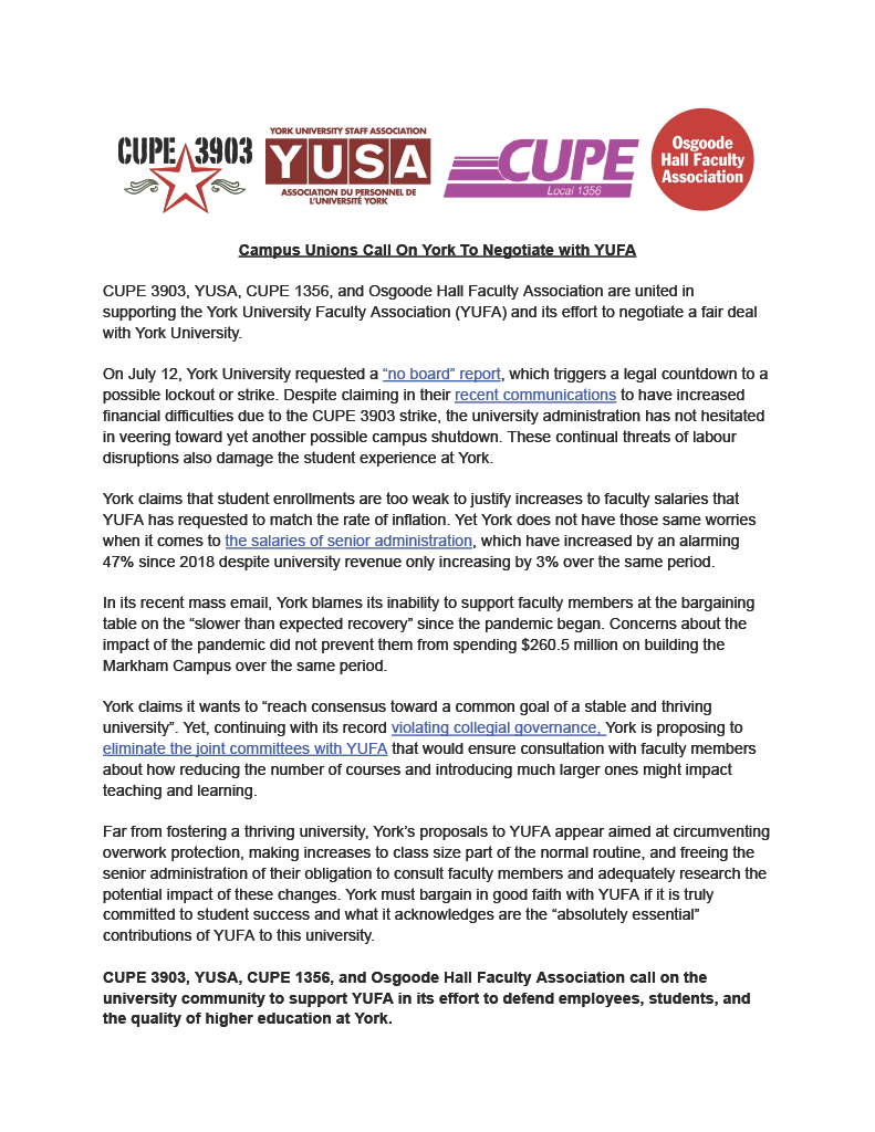 A written document with a header featuring the logos of CUPE 3903, YUSA, CUPE 1356, and OHFA. See the text of the statement below.